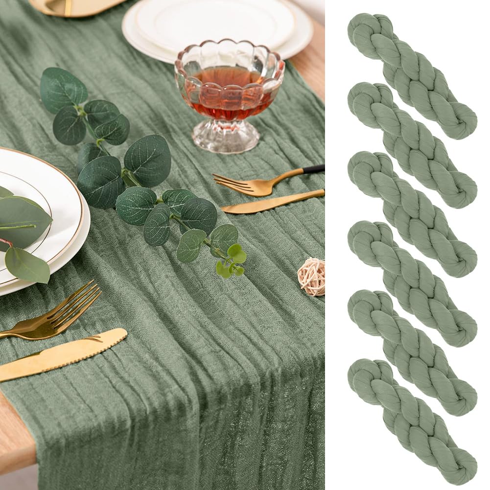 AUAUY 6 Pack Boho Gauze Fabric Table Runner, 90x300cm Light Green Rustic Cheese Cloth for Baby Shower Decoration Wedding Holiday Party Summer