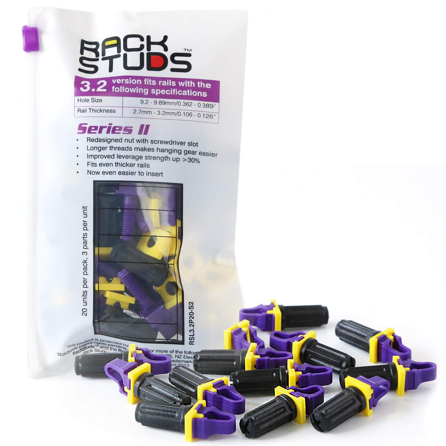 Rackstuds P20 Rack Mount Solution Series II – No More Cage Nuts! The Easiest and Safest Server Rack Solution in 19" Racks with Square Punched Vertical Rails | 20-Pack, Purple, 3.2mm/0.126" Version