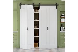 JUJUBON 48" x 84" Paintable Bifold Barn Door, No Assembly Required, 1 Panel Bi-Fold Sliding Closet Doors with Hardware Kit Included, 52" Track Kit for 4 Doors, Pre-Drilled Holes, White