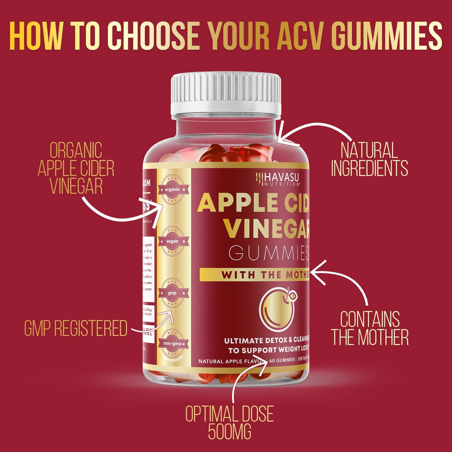 Havasu Nutrition Apple Cider Vinegar Gummies for Detox Cleanse & Belly Control; Organic ACV with Mother Enzyme; 60 Vegetarian Gummies (60 Ct): Health & Personal Care
