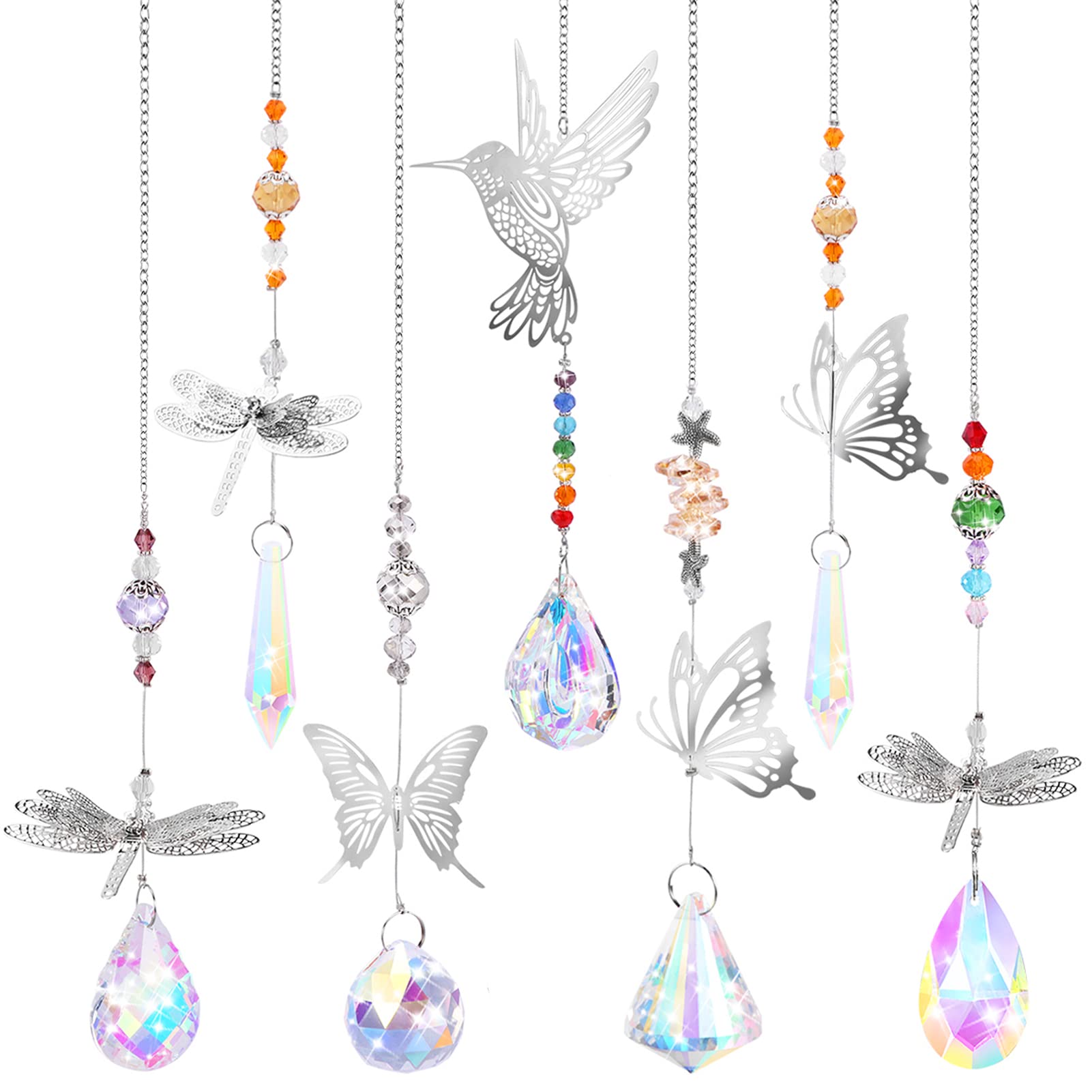 Crystal Sun Catcher, 7PCS Colorful Crystals Ball Prisms Suncatcher Glass Pendants with Butterfly Dragonfly Hummingbird Hanging Ornament Window Rainbow Maker for Home, Office, Garden Decoration
