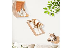Almcmy Cat Wall Shelves, 3Pcs Wooden Cat Wall Furniture, Moon Cat Hammock with 3 Steps, Cat Perch Floating Cat Climber Set, Holds up to 33 lbs, Wall Mounted Climbing Shelves for Indoor Cats