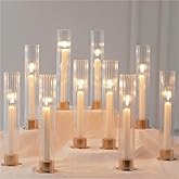 NUPTIO Hurricane Candle Holder for Centerpiece: Set of 10 Metal Taper Candle Holders with Fluted Glass Cylinders - Gold Candlestick Holders Bulk for Outdoor Party Dinner Wedding Table Decoration