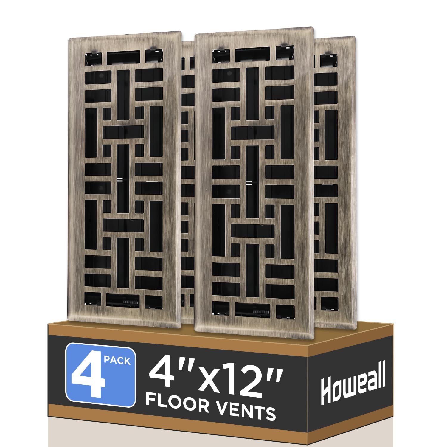 Photo 1 of Howeall 4x12 Inches 4 Pack Heavy Duty Walkable Floor Register - Easy Adjust Air Supply Lever Decorative Floor Vent Covers, Seattle Design Vent Covers for Home - Antique Brass