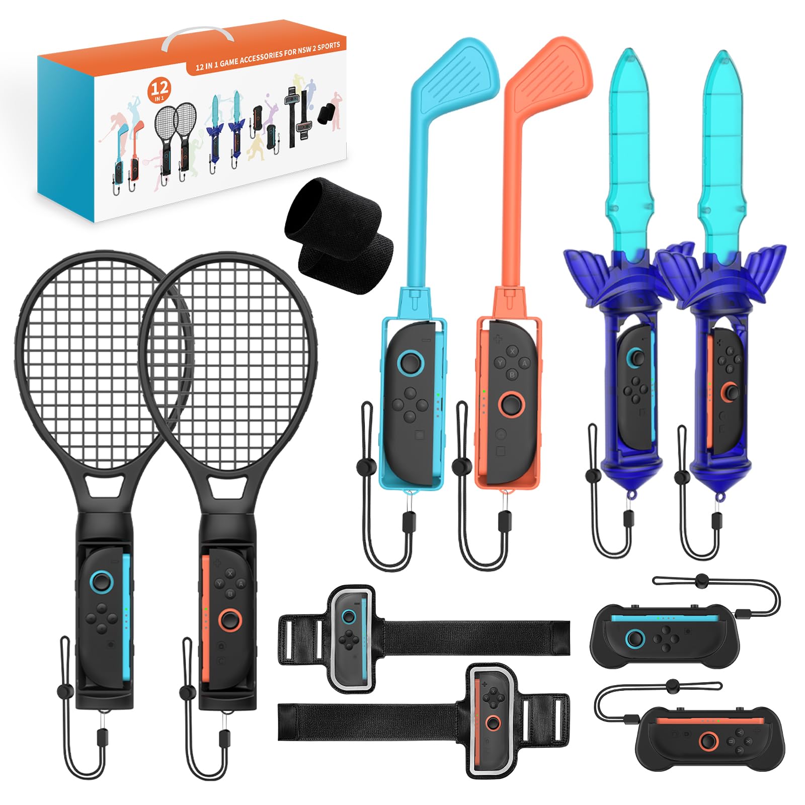 Uxilep Switch Sports Games Accessories Bundle for Nintendo Switch 2 (2025),12 in 1 Family Party Pack for Switch 2 Accessories Kit with Tennis Rackets,Golf Clubs,Chambara Swords,Leg Straps & Joycon Grips