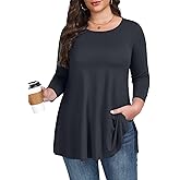 LARACE 3/4 Length Sleeve Womens Plus Size Tops Crew Neck Casual Tunic Tops Split Shirts Dressy