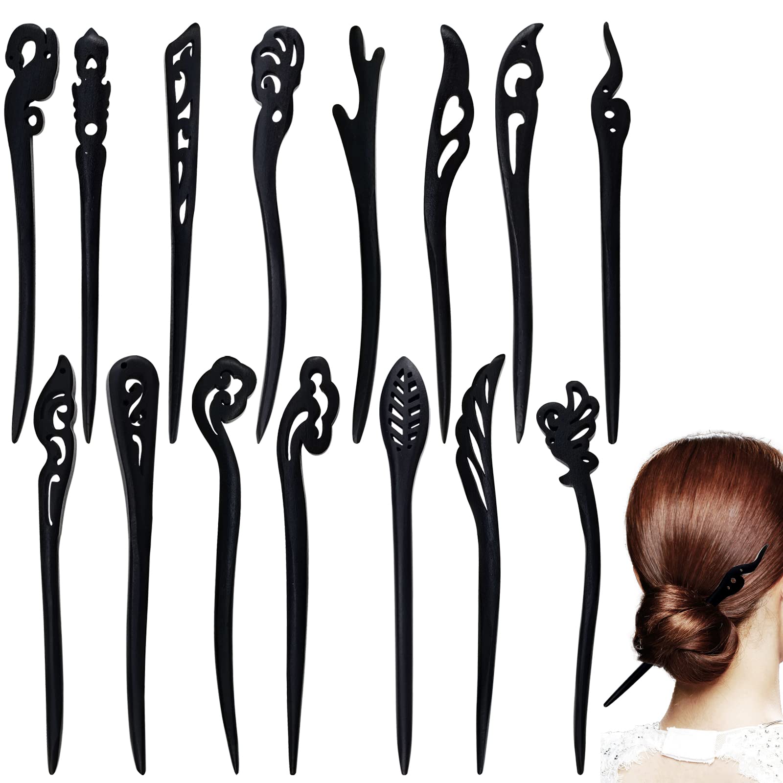 Photo 1 of 15 PCS Hair Sticks Chopsticks Chinese Pins for Women's Long Hair - Handmade Chignon Maker, Retro Sandalwood Barrettes & Accessories (15 Styles)