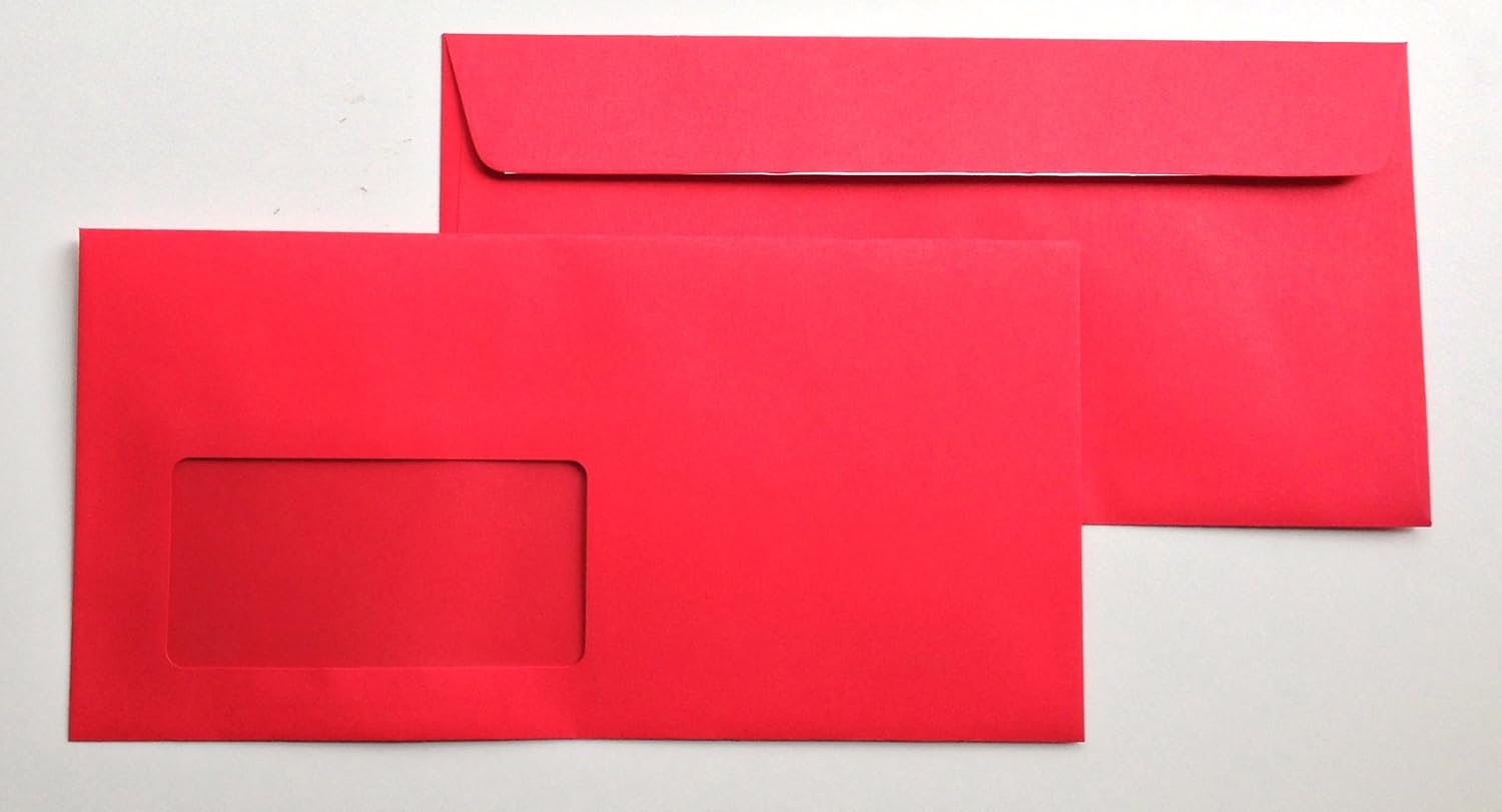 100 Window Envelopes, Cadmium, Red, Dark Red, 220 x 110 mm, Peel and