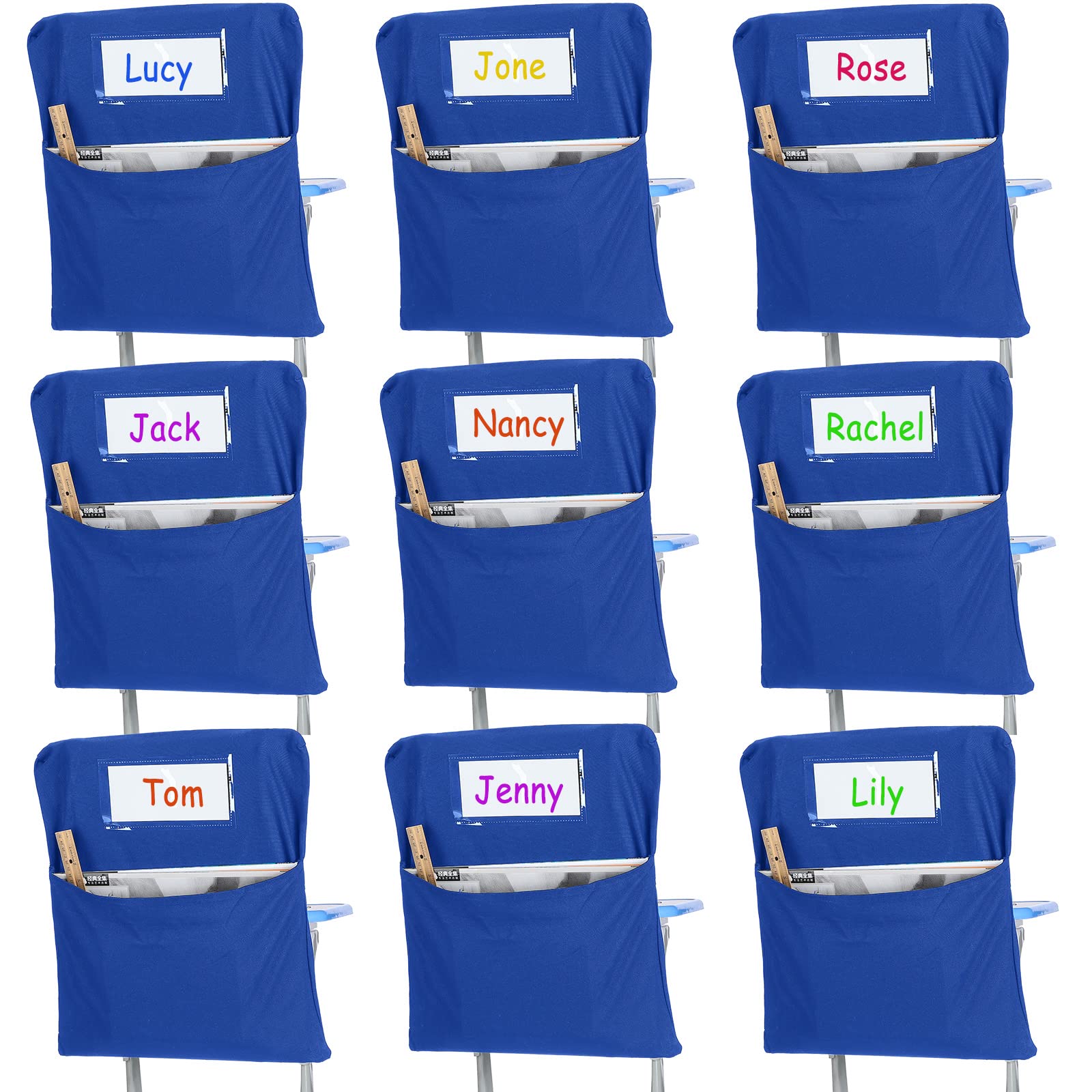 Photo 1 of Xaatren 24 Pcs Small Chair Pockets for Classroom 14 Inch School Chairs Bag Chairback Buddy Seat Pocket Student Classroom Organizer with Name Tag for Primary School Chair up to 14'' Wide(Blue)