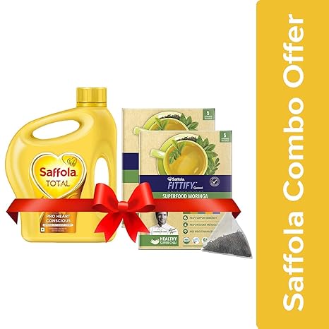 Saffola Total Pro Heart Conscious Edible Oil, 2 L Jar with Free Saffola FITTIFY Gourmet Superfood Moringa Green Tea, Assorted Pack (5 Sachets)