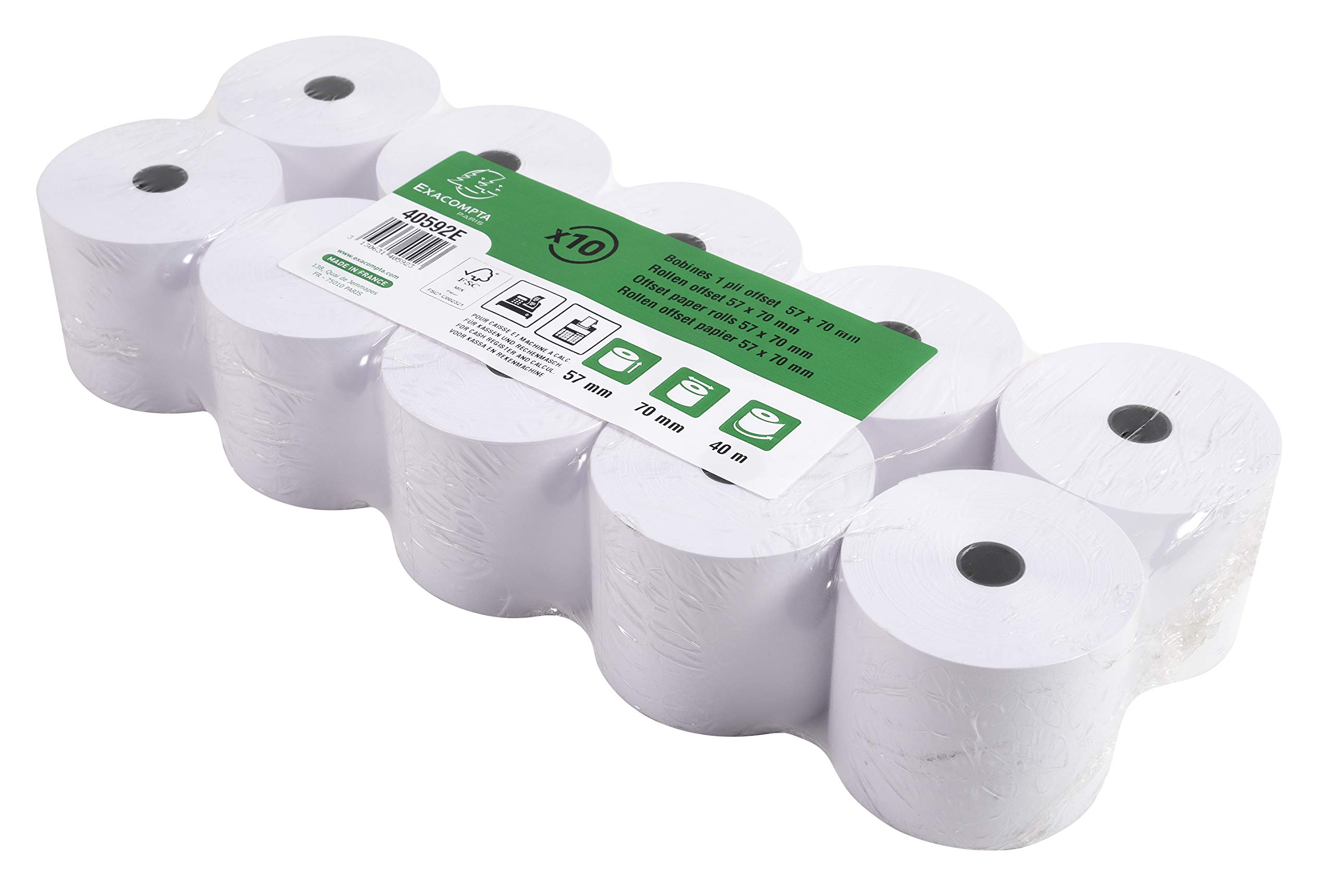 Exacompta - Ref 40592E - Cash Register with Calculator Rolls (Pack of 10 Rolls) - 57mm Width x 40m Length, Suitable for Shops, Kiosks, Cafés, Restaurants, Card Payments