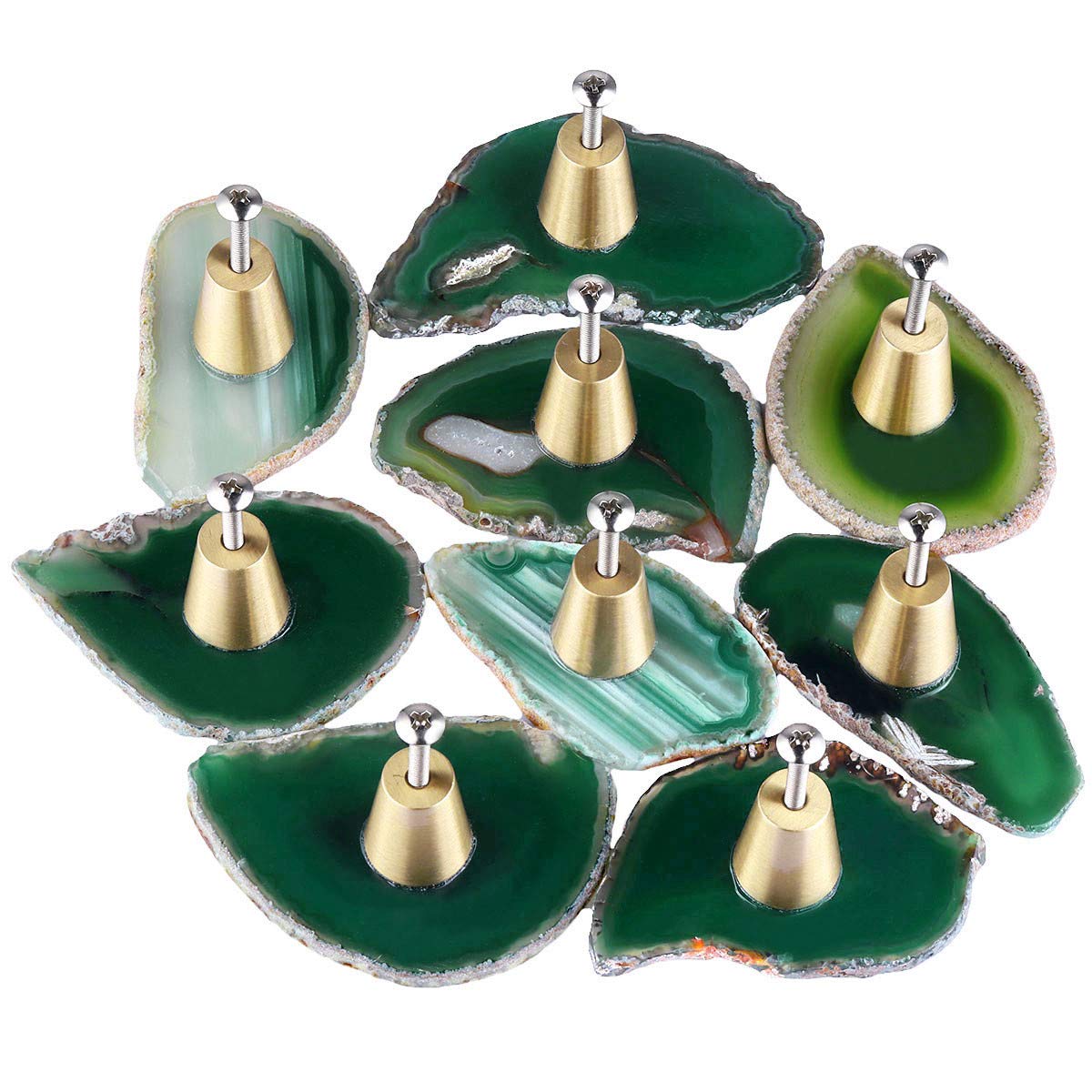 mookaitedecor Set of 6 Drawer Knobs Natural Green Agate Brass Decoration Furniture Drawer Cabinet Knob Handle