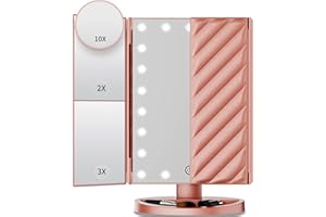 ELUOSIN Makeup Mirror Vanity Mirror with Lights, Lighted Makeup Mirror with 2X 3X 10X Magnification, 21 LED Trifold Compact Mirror, Touch Dimming Light Up Mirror, Dual Power Supply, Gifts for Women(Rose Gold)