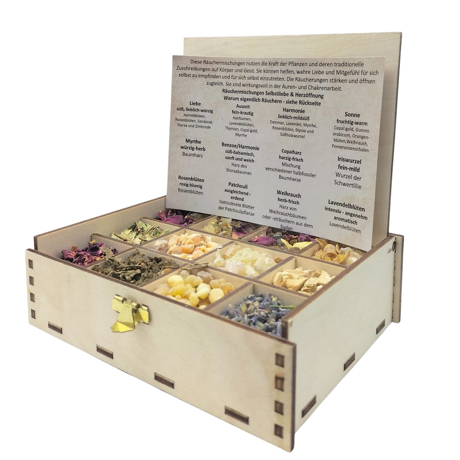 Smoking Box Gift Box with 12 Varieties of Incense Mixtures Self-Love and Heart Opening, 14 x 10 x 4 cm