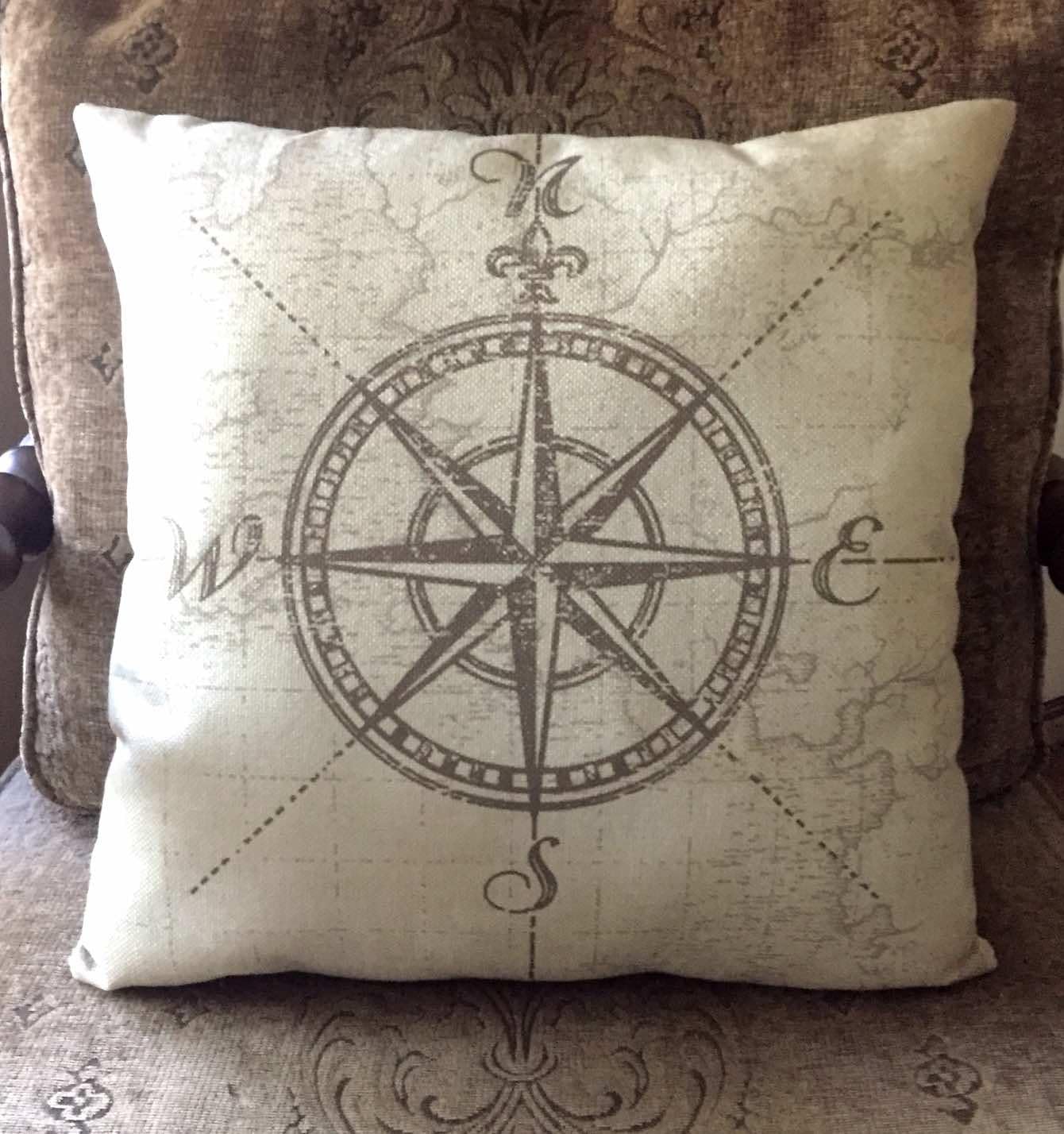 COMPASS ROSE burlap throw pillow