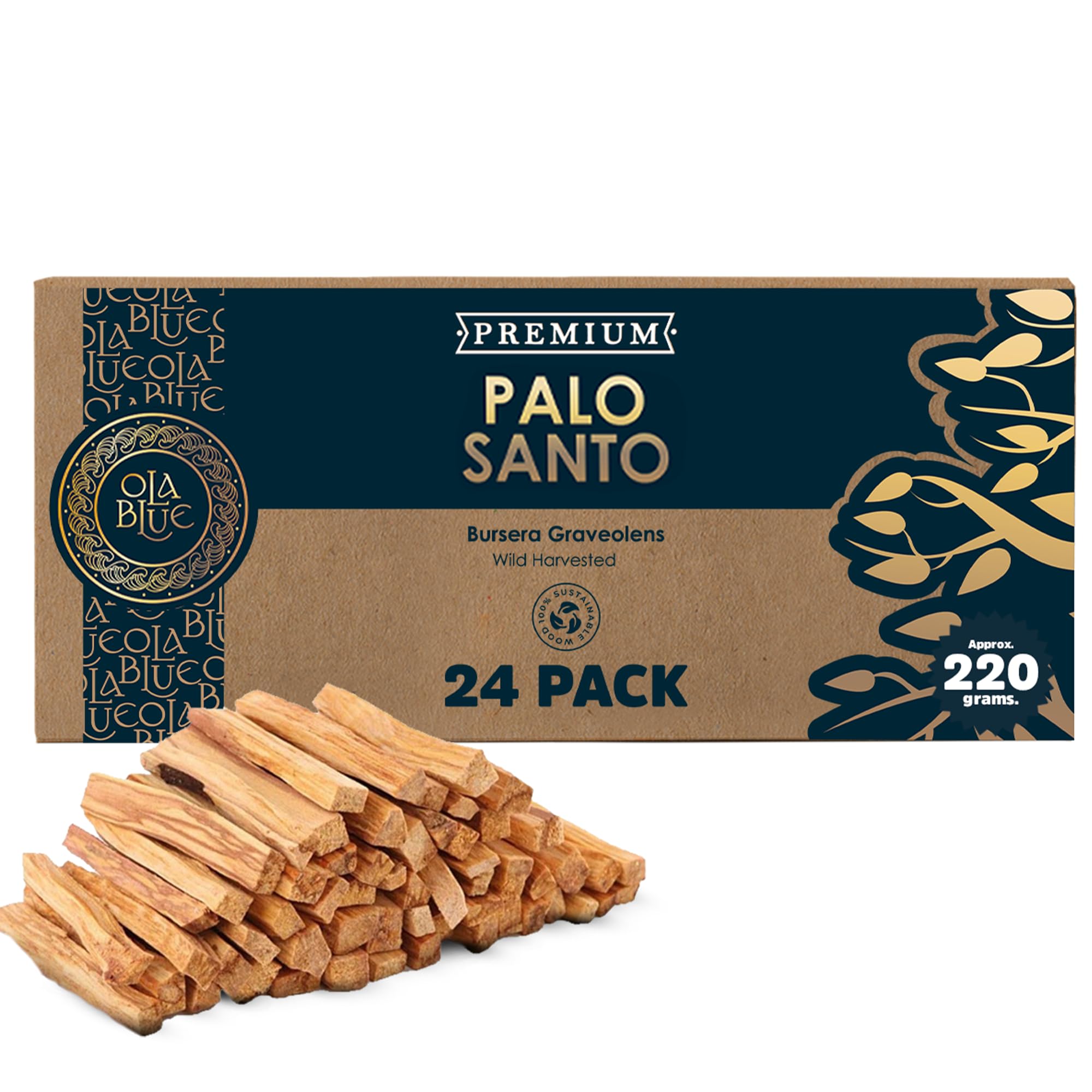 Ola Blue Palo Santo Smudging Sticks – 24 Pack (8 oz / 220 g) | Natural Palo Santo Incense Sticks from Peru | Resin-Rich Aromatic Sticks for Smudging & Meditation
