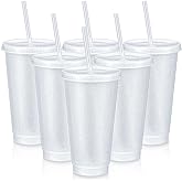 Uiifan 6 Pcs Reusable Tumbler with Lids and Straws Plastic Iced Coffee Tumbler Glitter Travel Mug Cup for Smoothie Juices Birthday Party Cold Drink Coffee Cup Bulk for Adult Kid Women(24 oz,Clear)