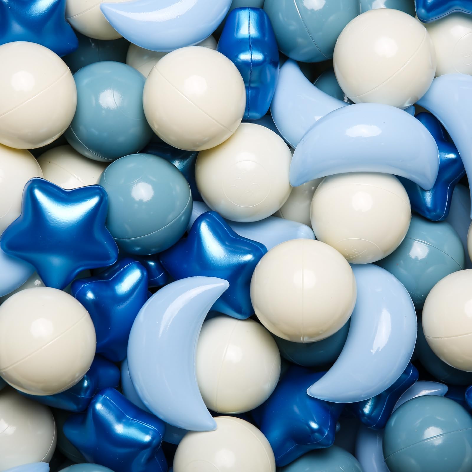 Photo 1 of GOGOSO Ball Pit Balls Stars Moon Shapes Plastic Pitballs for Toddler Play Tent Baby Photo Props Kids Pool Water Toys Kiddie Pool Party Decor, Pearl Blue+Cream Blue+White,50PCS