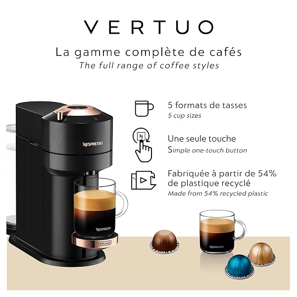NESPRESSO VERTUO NEXT COFFEE AND ESPRESSO MACHINE BY DE’LONGHI, BLACK WITH ROSE GOLD