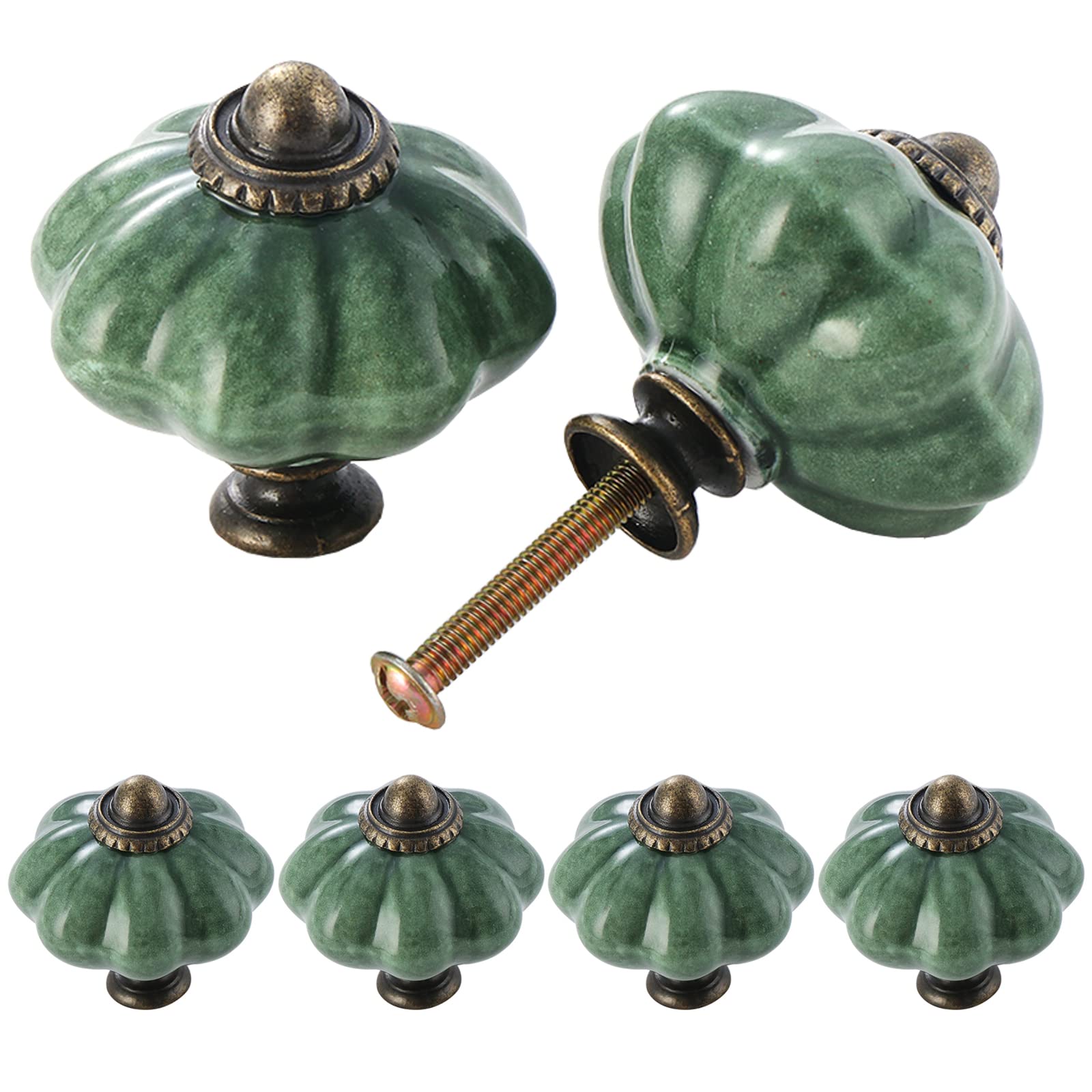 TsunNee 6PCS Ceramic Cabinet Knobs - Chic Antique Pumpkin Kitchen Cupboard Handles, Round Furniture Door Knobs in Green