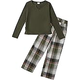 Ochine Girls Long Sleeve Ribbed V Neck Tops Wide Leg Plaid Pants with Pockets Fall Winter 2 Piece Clothes Set