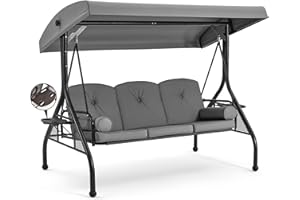 HOMREST 3 Seat Outdoor Porch Swing with 1.5" Deep Cup Holder, Adjustable Canopy,Patio Swing Bed with Stand, Patio Glider Swing with Thicken Cushions, Pillow（Grey）