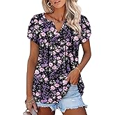ONLYSHE Womens Short Sleeve Shirts Summer Floral Tunic Tops V Neck Blouse Loose Fit Shirts for Leggings