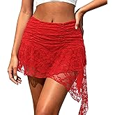 VOLOVEN Women's Mini Skirt Lace Ruffle Y2K Asymmetrical Layered Skirt Stretchable Low Rise Skirts