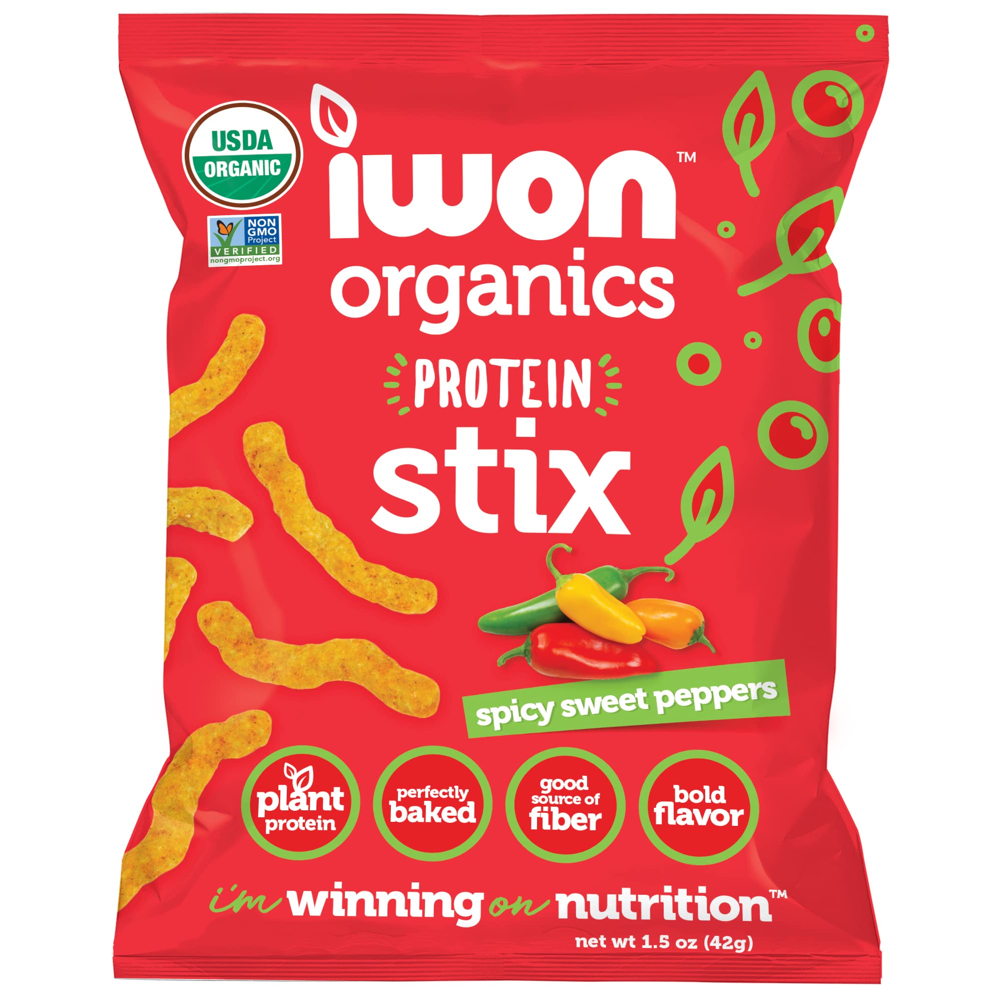 IWON Organics Spicy Sweet Pepper Flavor Snack Stix, High Protein and Organic Healthy Snacks, 8 Bags, 1.5 Ounce