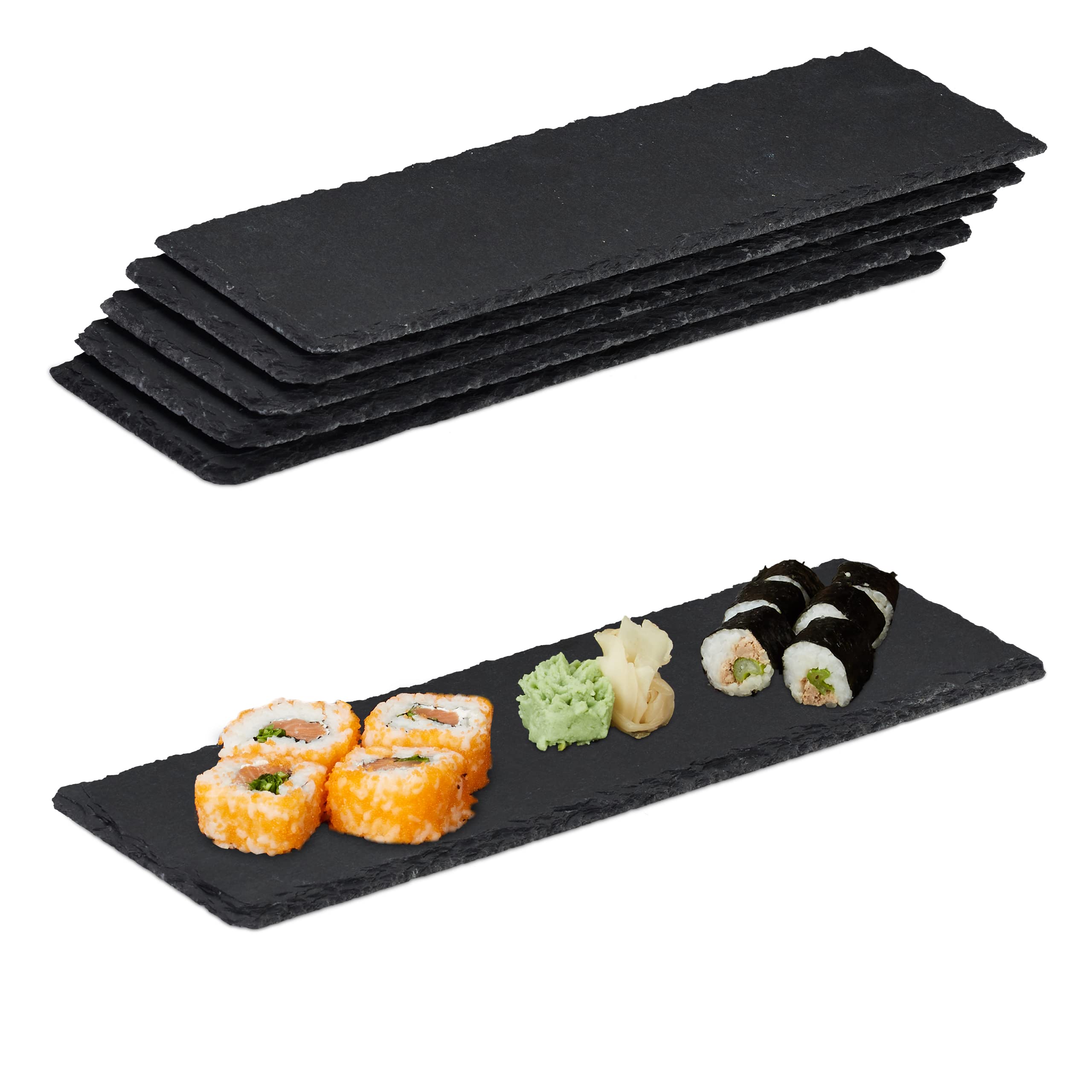 Relaxdays Slate Tile Set of 6, Large Oblong Serving Platters, for Serving & Write On, 30x10cm, Anthracite