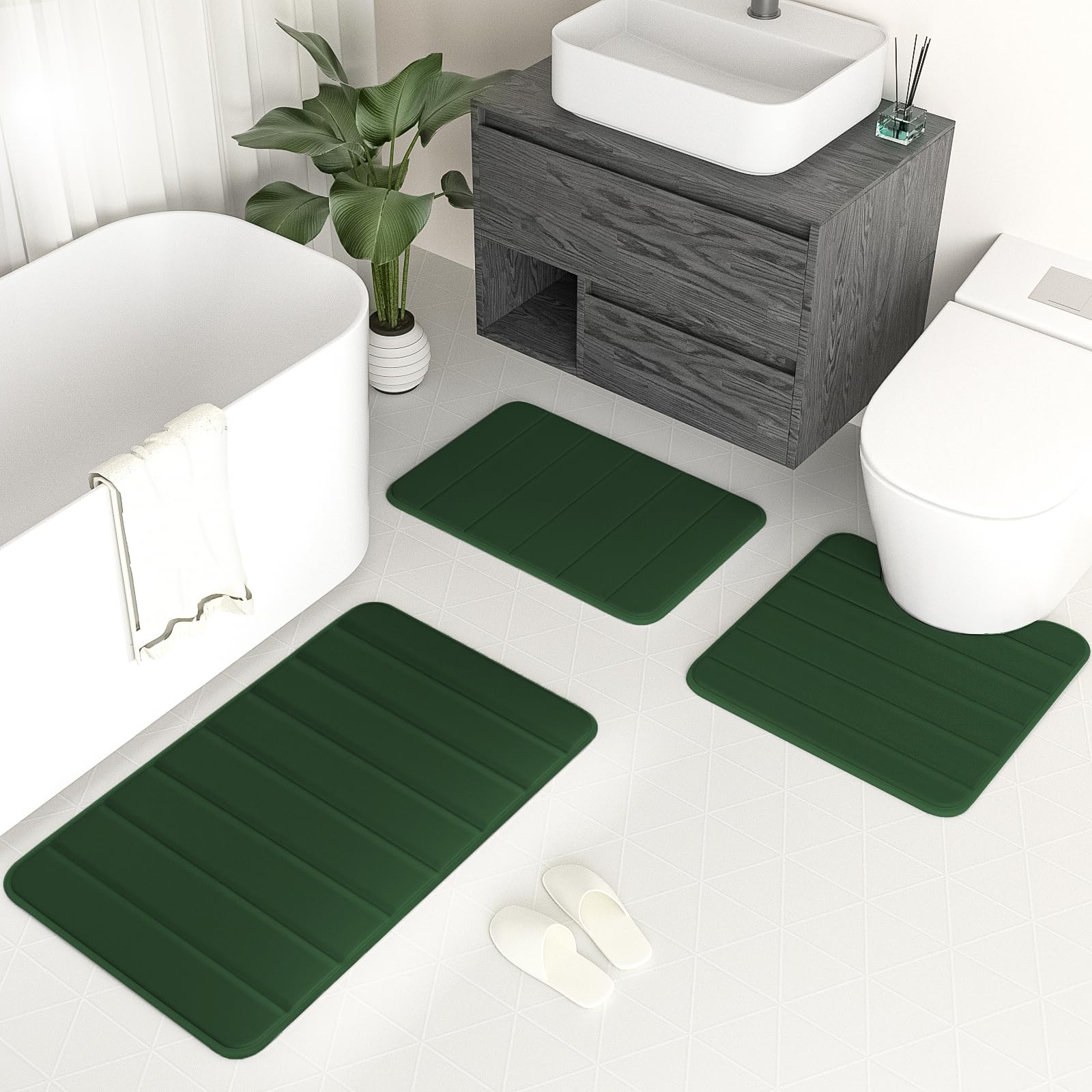 Photo 1 of DTXDTech Bathroom Rugs 3 Piece,Memory Foam Bath Rugs Set of 3 Non-Slip Bath Mat Set for Shower,Water Absorbent Machine Washable Bath Rugs,Toilet Mat for Bathroom,Bedroom,Dark Green