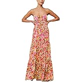 Cute Floral Long Sundresses for Women Boho Smocked Spaghetti Strap Dress Y2k Flowy Beach Ruffle Backless Maxi Dress
