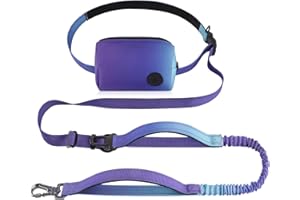 Roses&Poetry Hands Free Dog Leash with Zipper Pouch, 6-9ft Bungee Waist Leash for Medium Large Dogs Walking, Running Lead with Dual Padded Handles Car Safety Buckle for Training Jogging