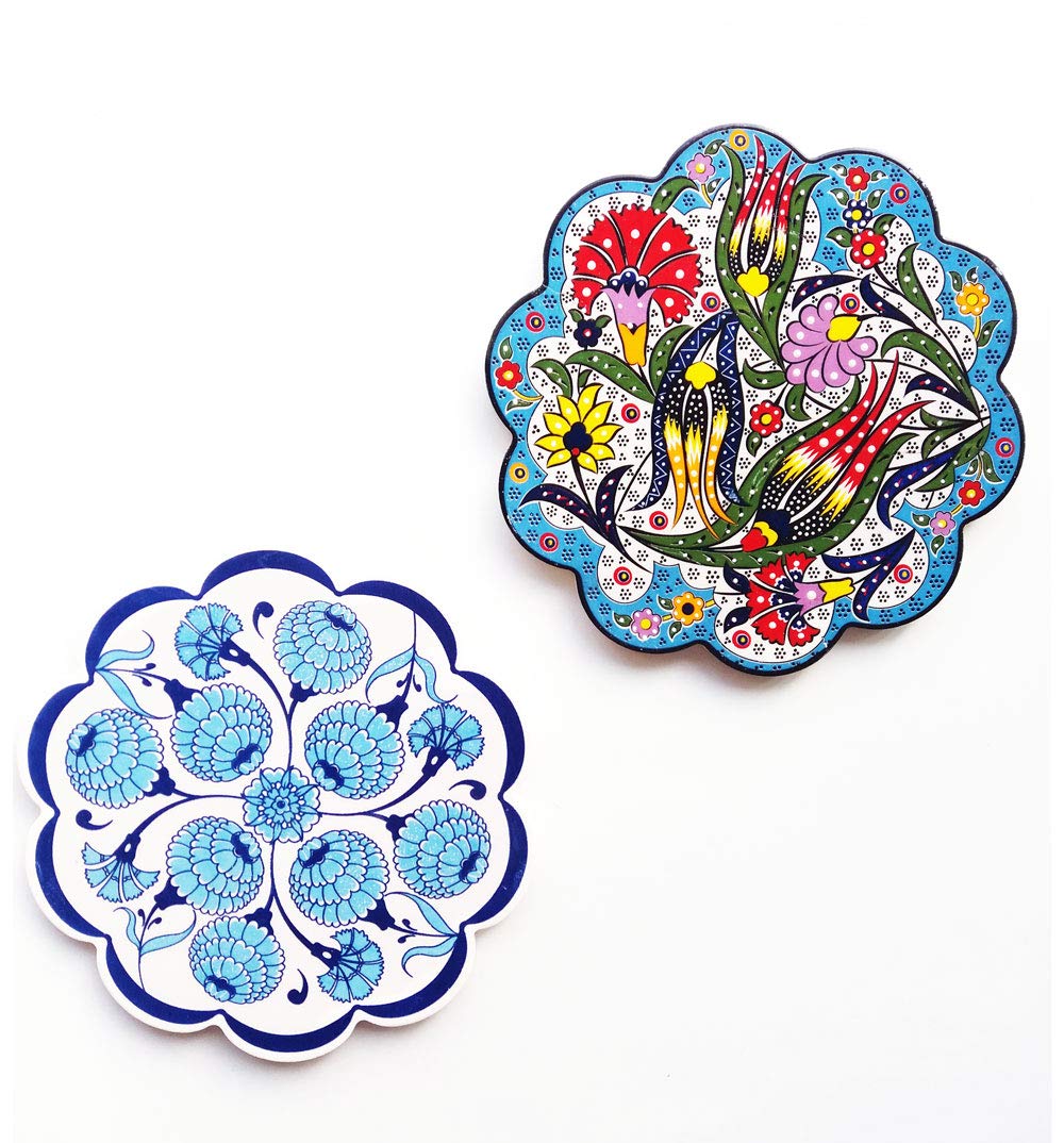 Ayennur Turkish Decorative Plates Set of 2-7.08" Multicolor Handmade Ceramic Ornament for Home&Office Wall Decors