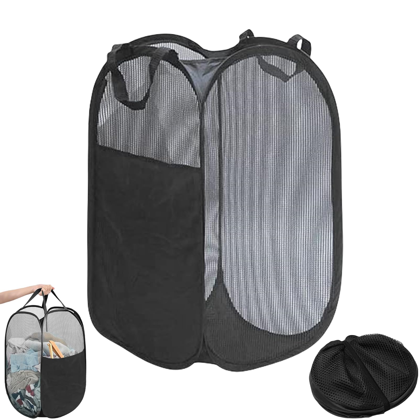 Tyrzol Large Washing Basket Collapsible Mesh Collapsible Washing Basket Pop up Laundry Hamper Basket with Side Pocket Laundry Hampers Mesh Laundry Baskets with Handles for Bathroom College Dorm Black