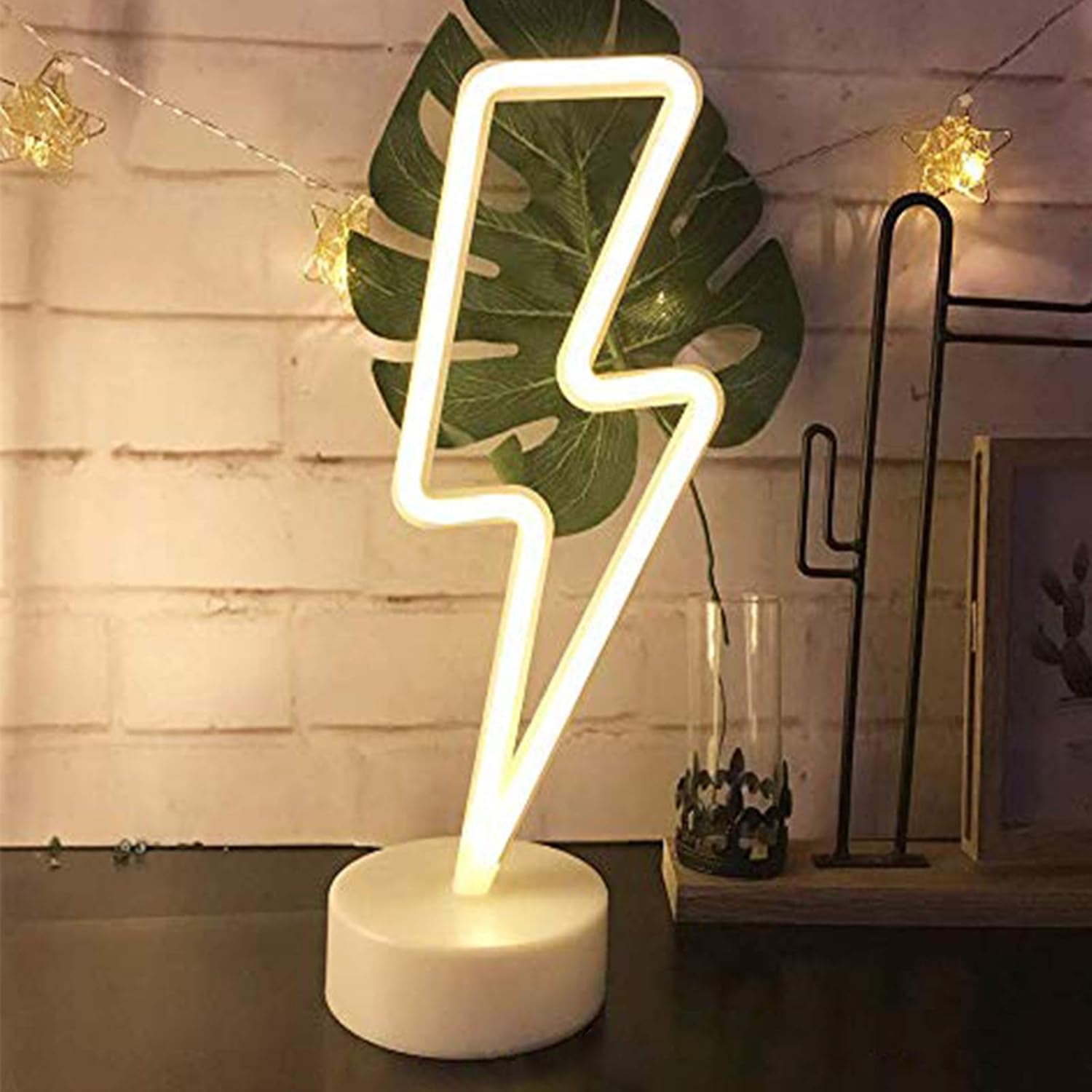 Warm White Lightning Neon Light Signs LED Neon Signs Lamps Lightning Neon Lights Room Decor Battery/USB Operation Night Lights with Base Neon Light up Bar Bedroom Party Christmas