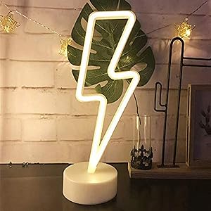 Warm White Lightning Neon Light Signs LED Neon Signs Lamps Lightning Neon Lights Room Decor Battery/USB Operation Night Lights with Base Neon Light up Bar Bedroom Party Christmas