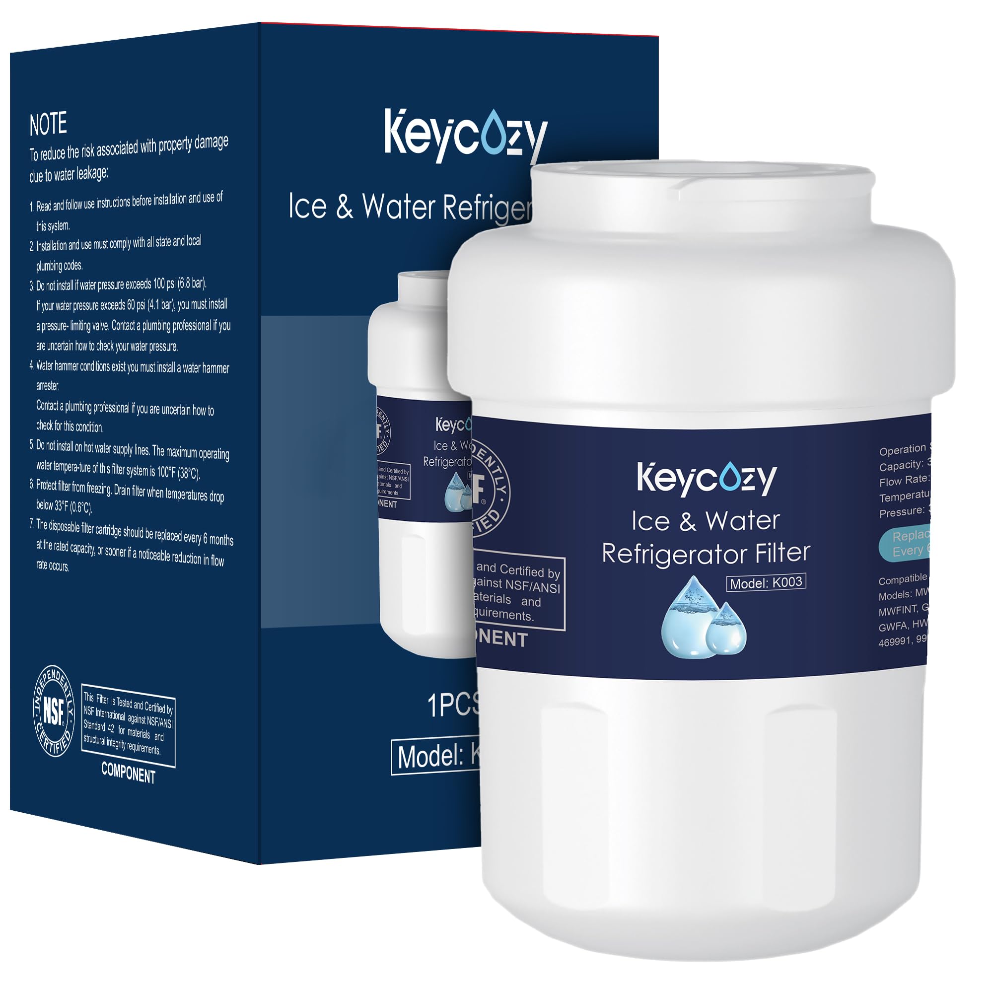 Photo 1 of Keycozy K003 Refrigerator Water Filter Replacement for GE MWF, martWater MWFP, MWFA, GWF, HDX FMG-1, WFC1201,WFC1201, RWF1060, 197D6321P006, PC75009,Kenmore 9991,GSE25GSHECSS, PSHS6PGZBESS (1)