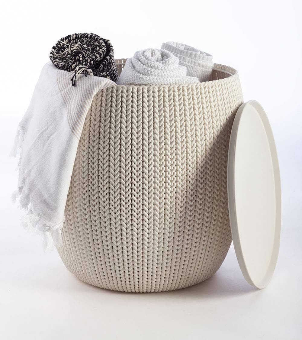 KETER Urban Knit Pouf Ottoman Set of 2 with Storage Table for Patio and Room Décor-Perfect for Balcony, Deck, and Outdoor Seating, Cream & Taupe : Garden & Outdoor