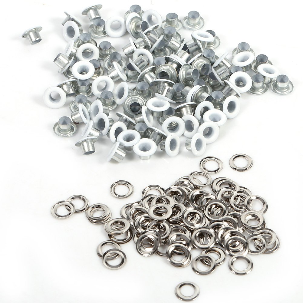 Photo 1 of 100 Sets Metal Eyelets Grommets 4 mm/ 0.16 inch Round Shape Grommets Eyelets Metallic Scrapbooking Eyelets Washers Leather Bags Accessories for Bead Cores Clothes Leather (White)