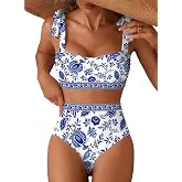 Herseas Women's Tie Shoulder Bikini Sets 2 Piece High Waisted Swimsuits | Removable pads,tummy control bathing suits,adjustable strap,full coverage,beach vacation outfits,cruise essentials