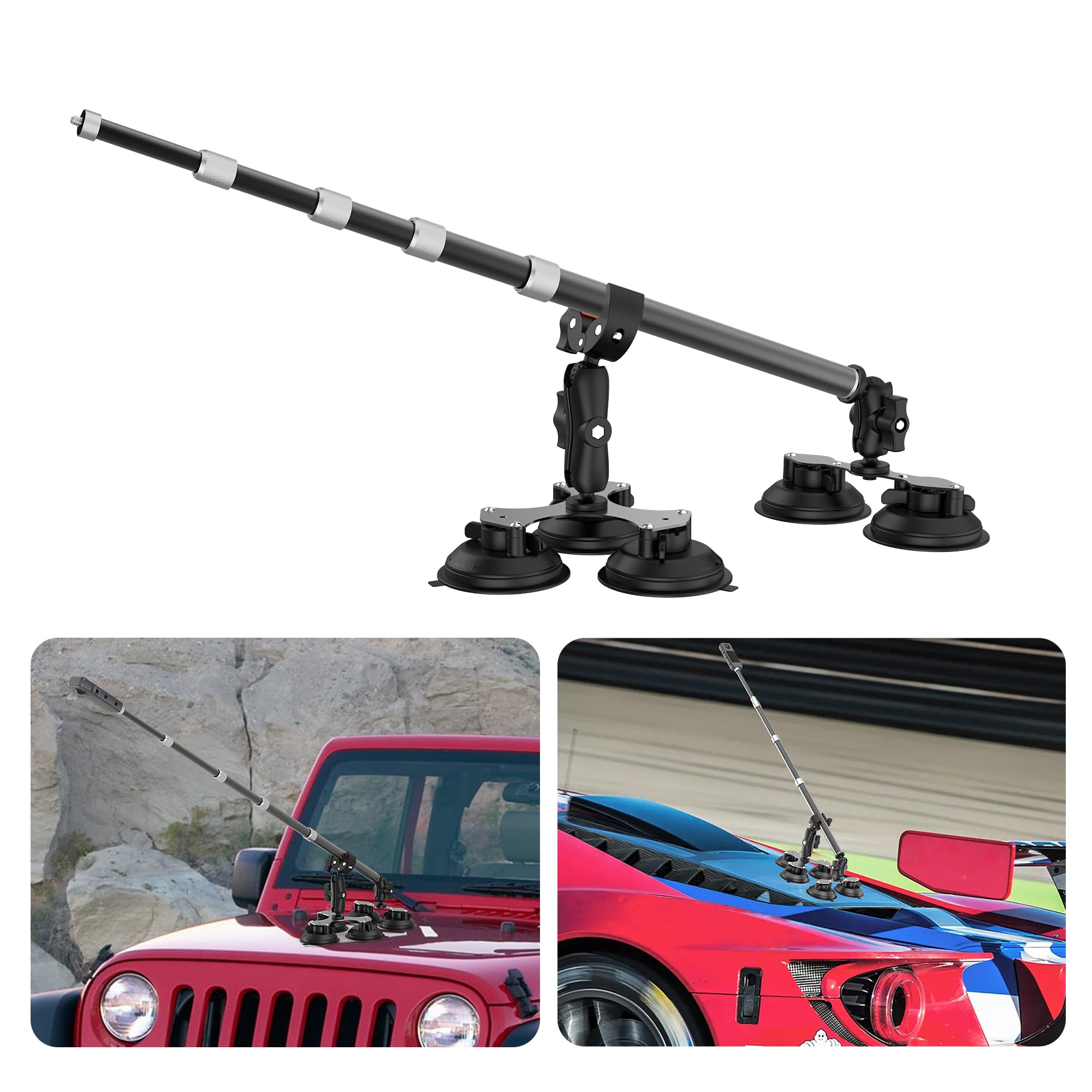Photo 1 of Five Strong Suction Cup Car Mount for Insta360 X5, 5 in 1 Suction Car Mount for GoPro with 59" Invisible Selfie Stick for DJI OSMO 360, Insta360 X5 X4 X3, GoPro (Premium Locking Drop Proof Version)