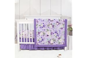 CARUILI Crib Bedding Set for Girls, Purple Baby Crib Bedding Set 4 Piece, Baby Girl Nursery Bedding Set Including Comforter, Fitted Crib Sheet, Crib Skirt, Diaper Stacker, Floral