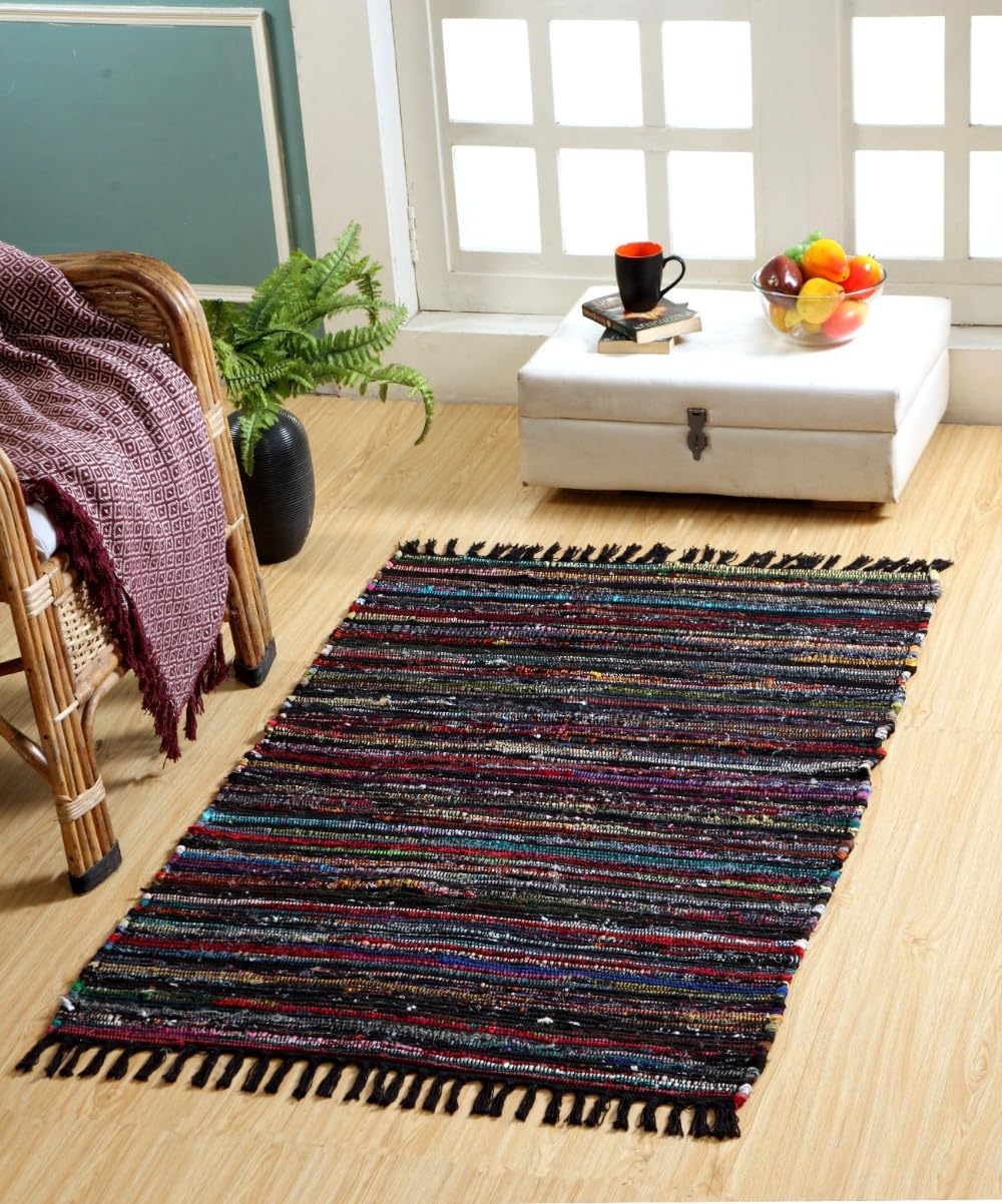 Second Nature Online Black Multi Colour Festival Rag Rug Medium Hand Made Reversible Mat GoodWeave Certified 75 cm x 120 cm