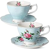 BTaT- Floral Tea Cups and Saucers, Set of 2, 8oz, with Gold Trim, Coffee Cups, Floral Tea Cup Set, British Tea Cups, Porcelain Tea Set, Tea Sets for Women