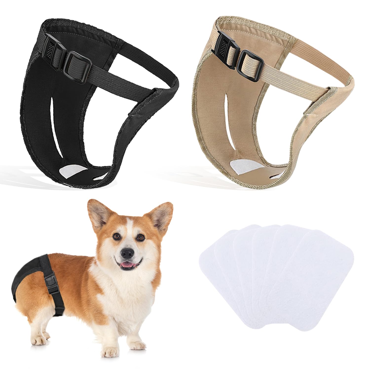 INSPUTOL 2 Pack Dog Pants, Dog Nappies with 6 Sanitary Pad Adjustable Protective Trousers for Female Dogs in Heat Monthly Bleeding Reusable Washable Doggy Sanitary Hygiene Pants(M-black&camel)