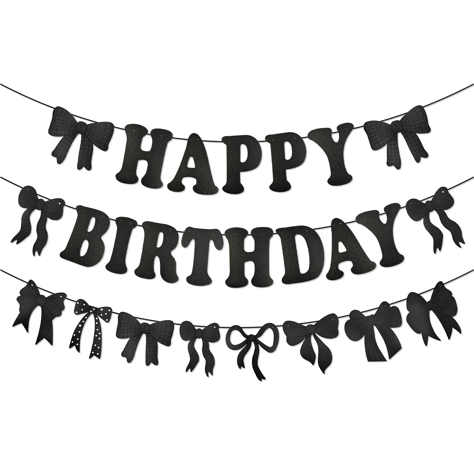 Photo 1 of 2 pack Black Bow Happy Birthday Banner, Glitter Bow Garland Banner Coquette Birthday Party Decorations for Women Girls Baby Showers Bows Theme Party
