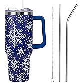 Christmas Tumbler with Handle and Straw Lid 40 oz,5D Cute Christmas Gifts for Women Blue Snowflakes Vacuum Insulated Leak Proof Tumbler,Winter Holiday Accessories Stainless Steel Coffee Cup Mug