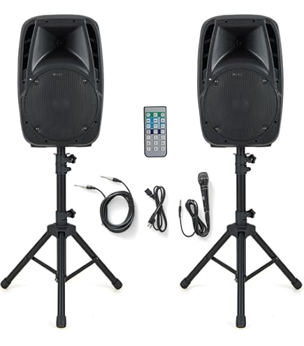 thumbnail interactive-video image 1 of Rockville (2) 10\" Powered Speakers Stands W/Bluetooth For Backyard Movie Theater 1 of 13