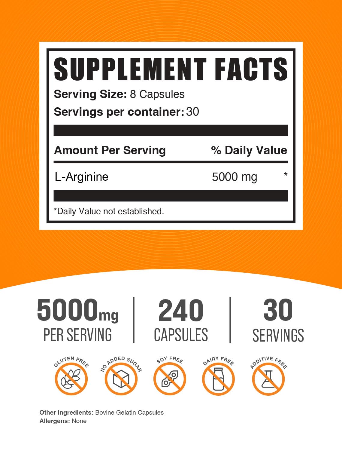 BulkSupplements.com L-Arginine 5000mg Capsules - Arginine Supplement, Nitric Oxide Supplement, L-Arginine Capsules - Gluten Free, 8 Capsules per Serving, 240 Capsules (Pack of 1)